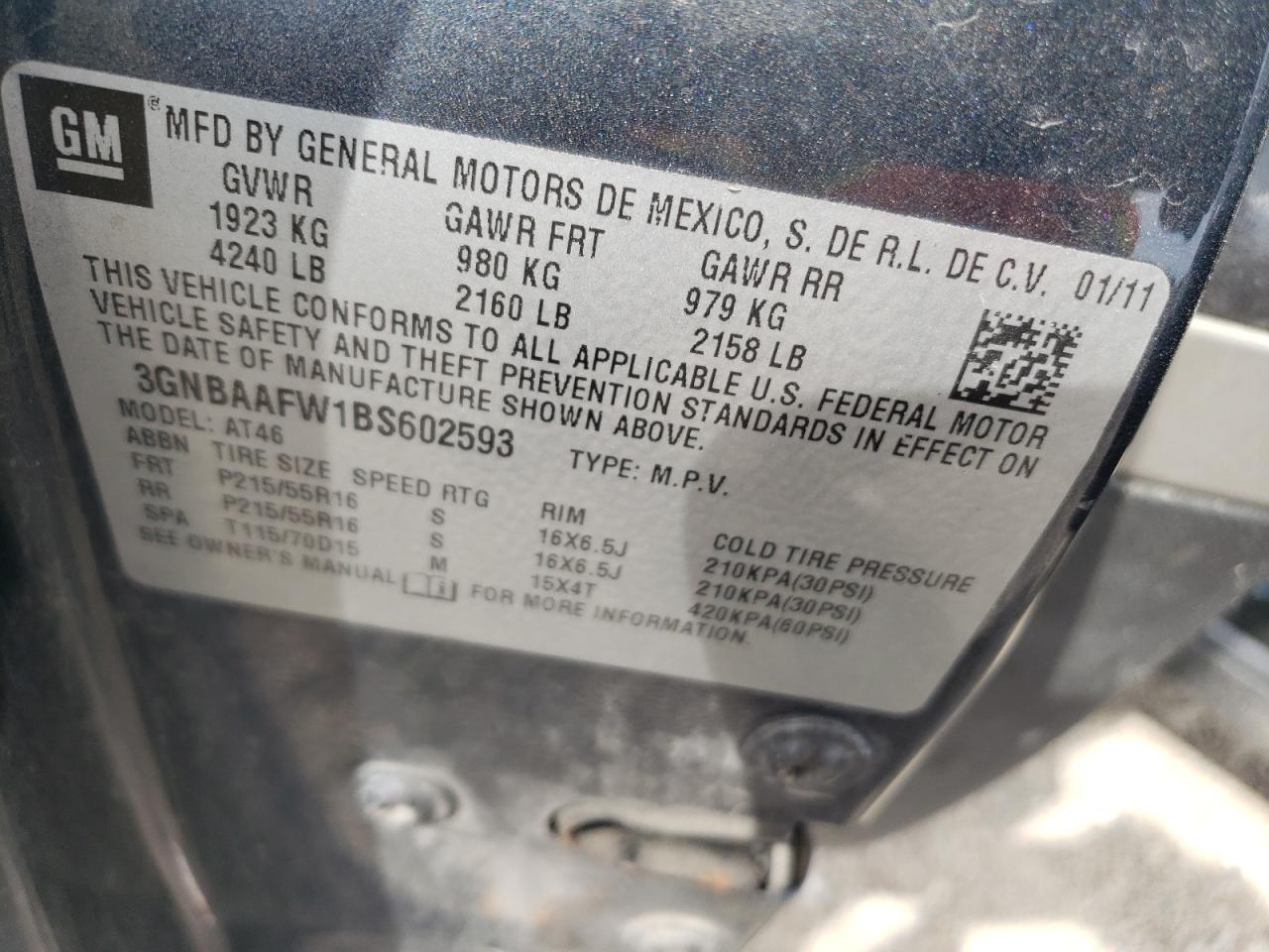 2011 Chevrolet Hhr Ls VIN: 3GNBAAFW1BS602593 Lot: 57084155