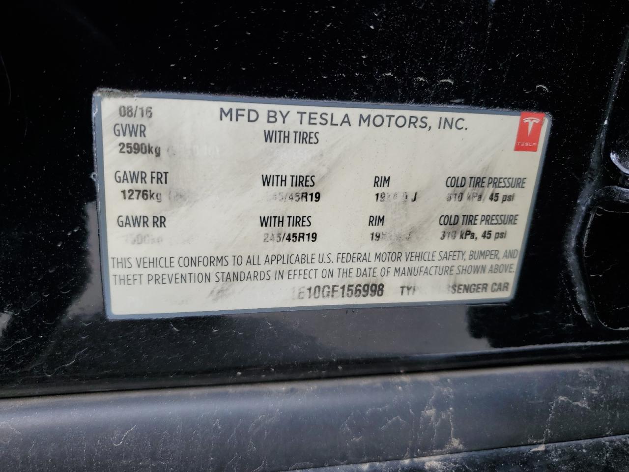 2016 Tesla Model S VIN: 5YJSA1E10GF156998 Lot: 56800735