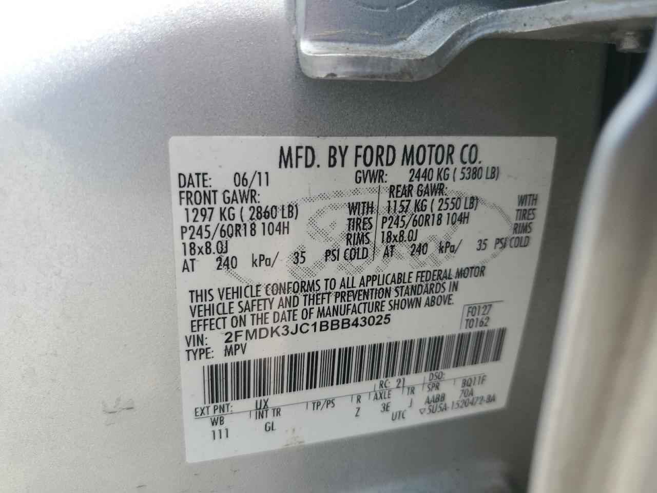 2011 Ford Edge Sel VIN: 2FMDK3JC1BBB43025 Lot: 56162445