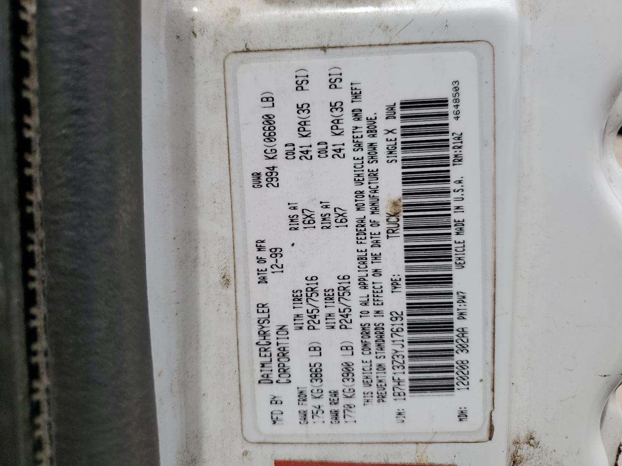 2000 Dodge Ram 1500 VIN: 1B7HF13Z3YJ176192 Lot: 58365135