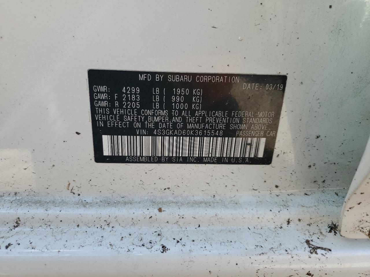 2019 Subaru Impreza Premium VIN: 4S3GKAD60K3615548 Lot: 55746875