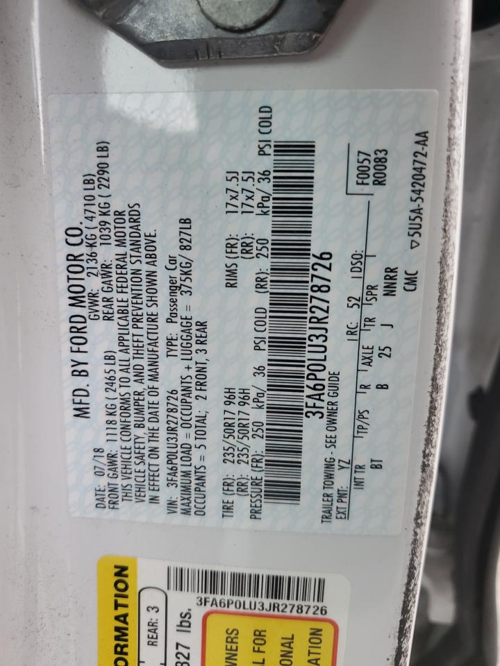 2018 Ford Fusion Se Hybrid VIN: 3FA6P0LU3JR278726 Lot: 54066135