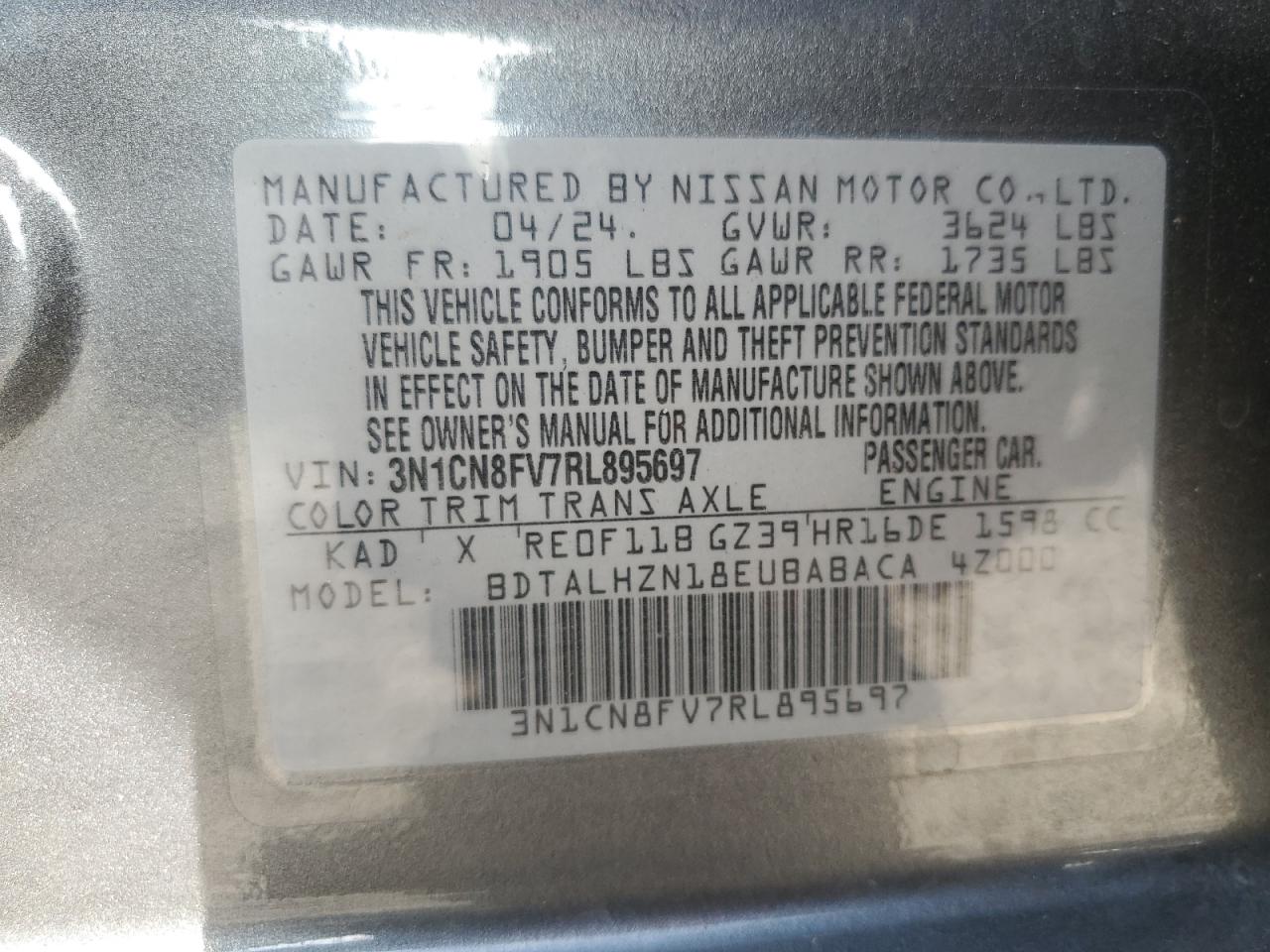 2024 Nissan Versa Sr VIN: 3N1CN8FV7RL895697 Lot: 56124445