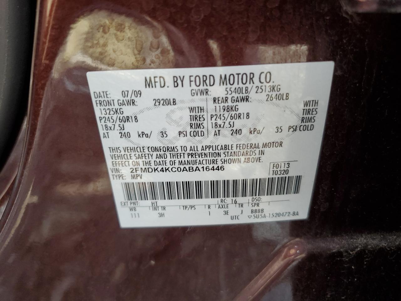 2010 Ford Edge Limited VIN: 2FMDK4KC0ABA16446 Lot: 57405365