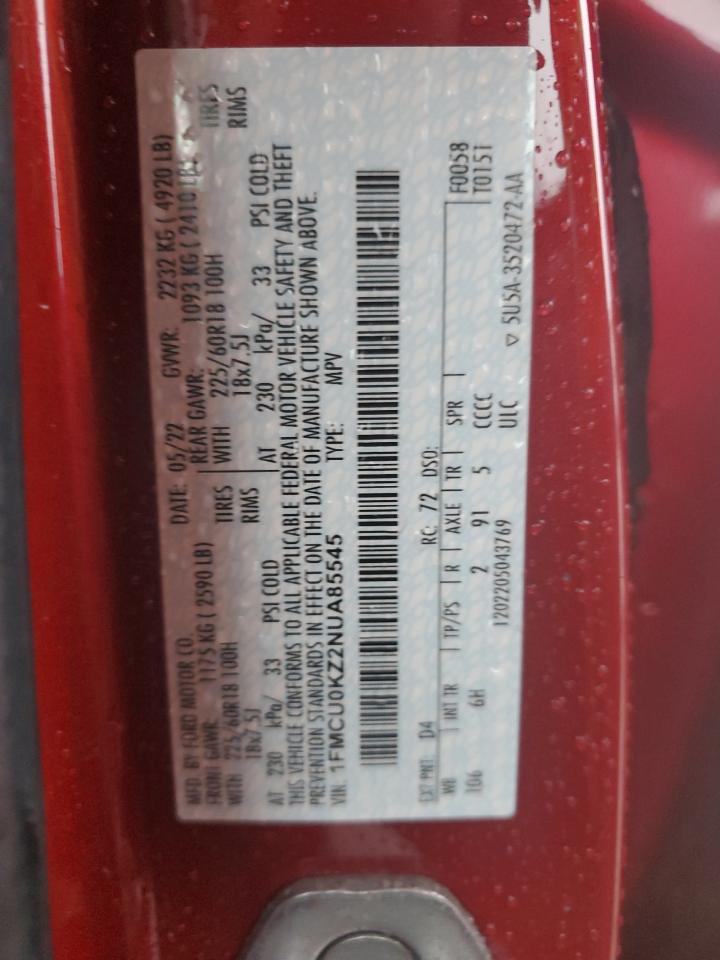 2022 Ford Escape Sel VIN: 1FMCU0KZ2NUA85545 Lot: 55497895