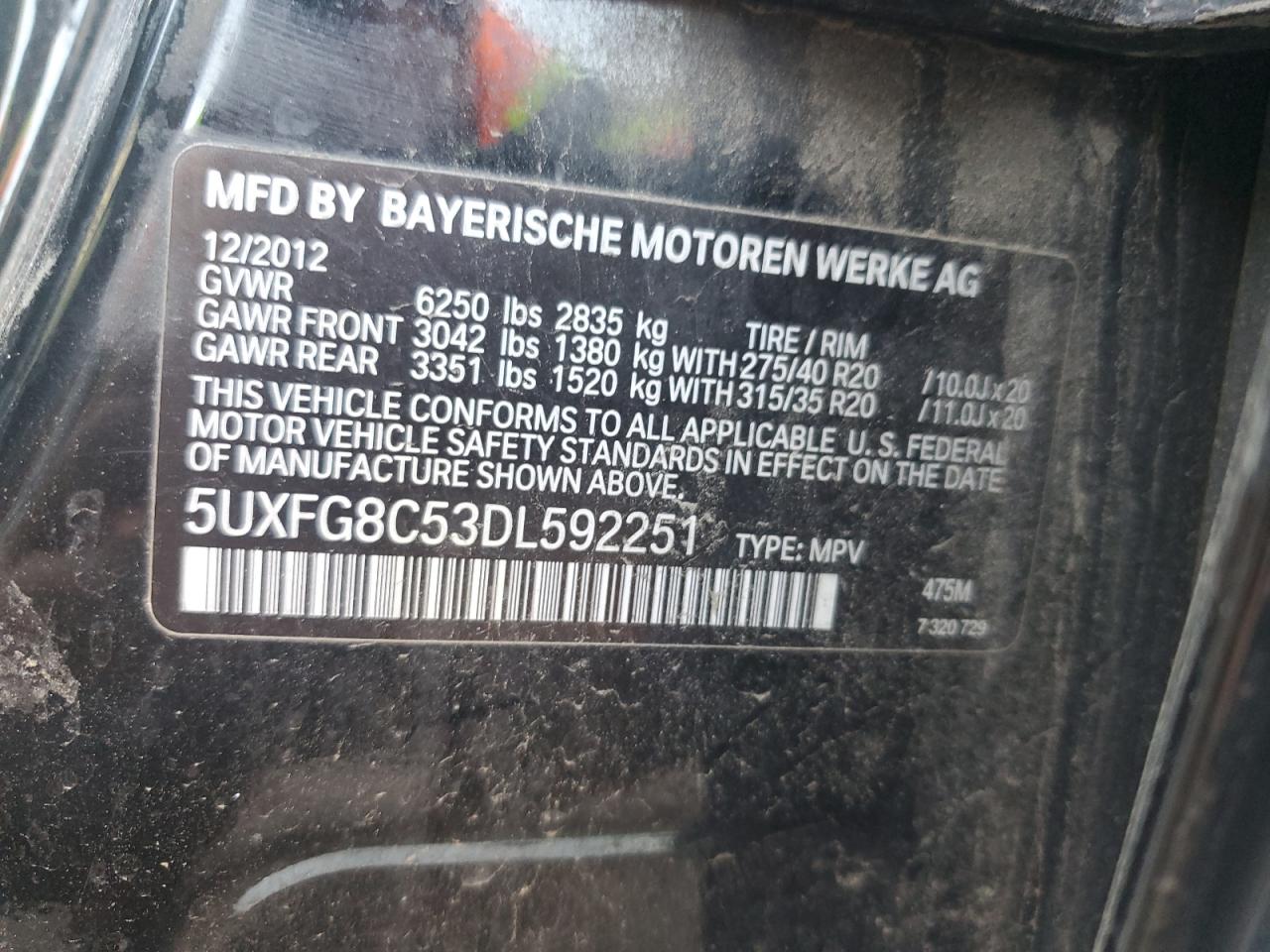 2013 BMW X6 xDrive50I VIN: 5UXFG8C53DL592251 Lot: 56206245