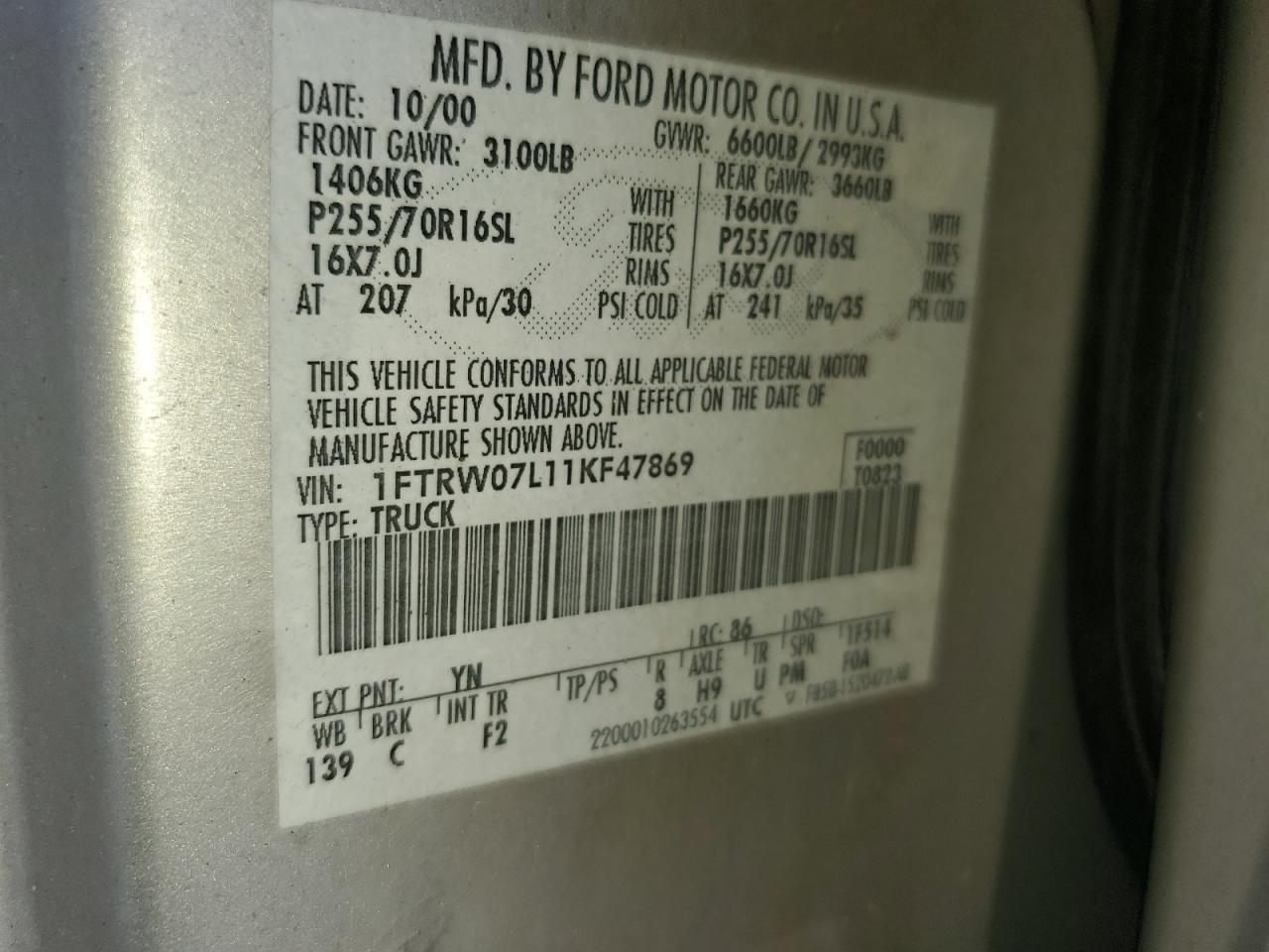 2001 Ford F150 Supercrew VIN: 1FTRW07L11KF47869 Lot: 56573575