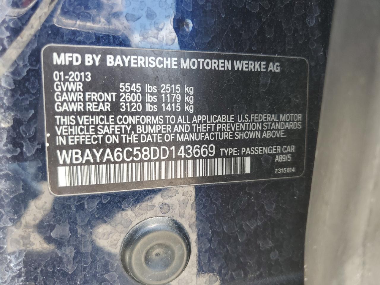 2013 BMW 740 I VIN: WBAYA6C58DD143669 Lot: 56304195
