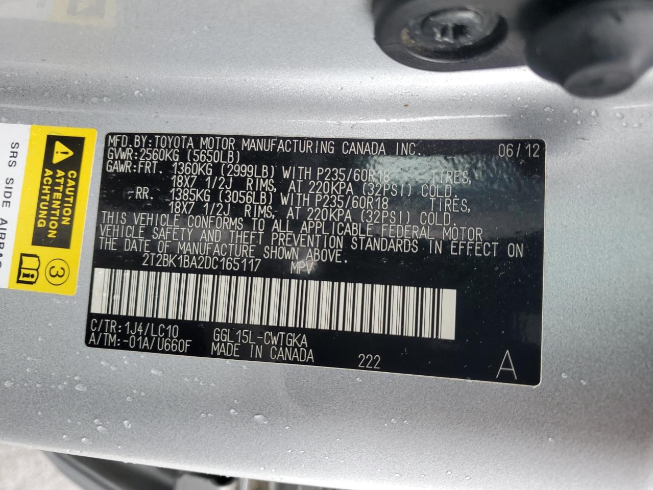 2013 Lexus Rx 350 Base VIN: 2T2BK1BA2DC165117 Lot: 56646305