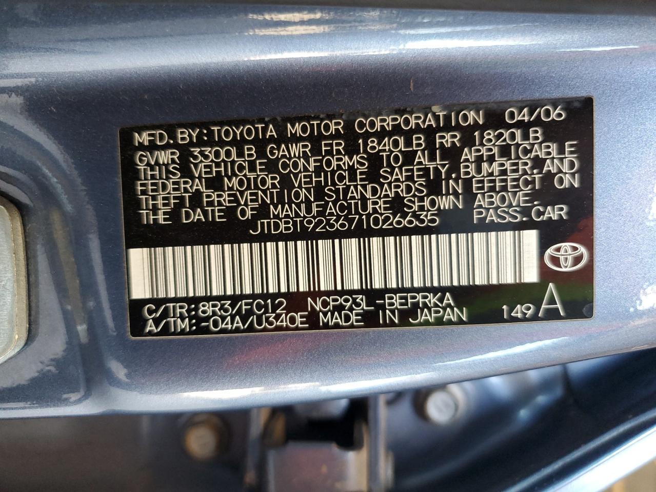 2007 Toyota Yaris VIN: JTDBT923671026635 Lot: 58331235