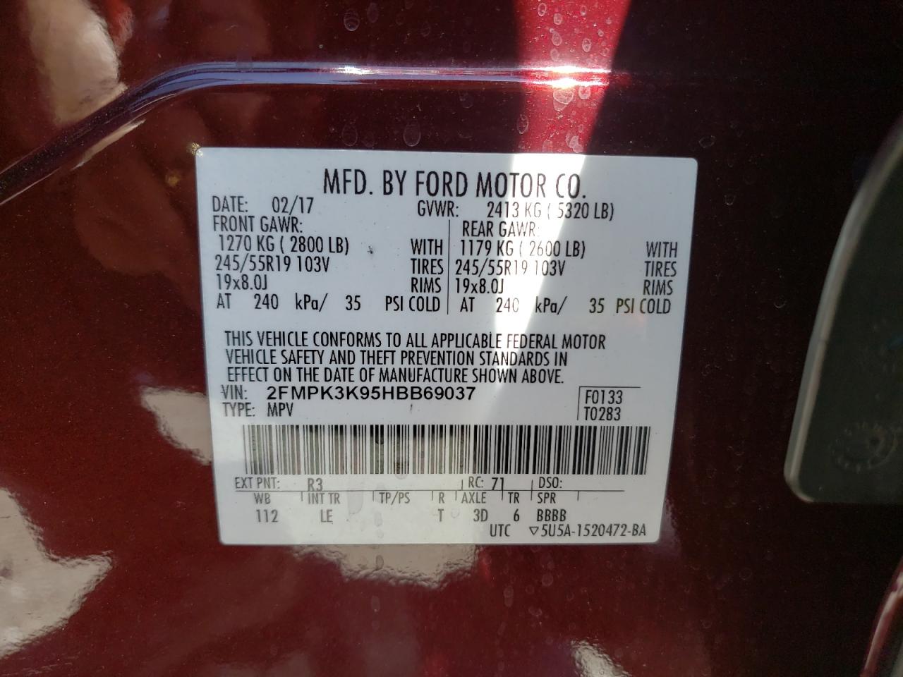 2017 Ford Edge Titanium VIN: 2FMPK3K95HBB69037 Lot: 57350005