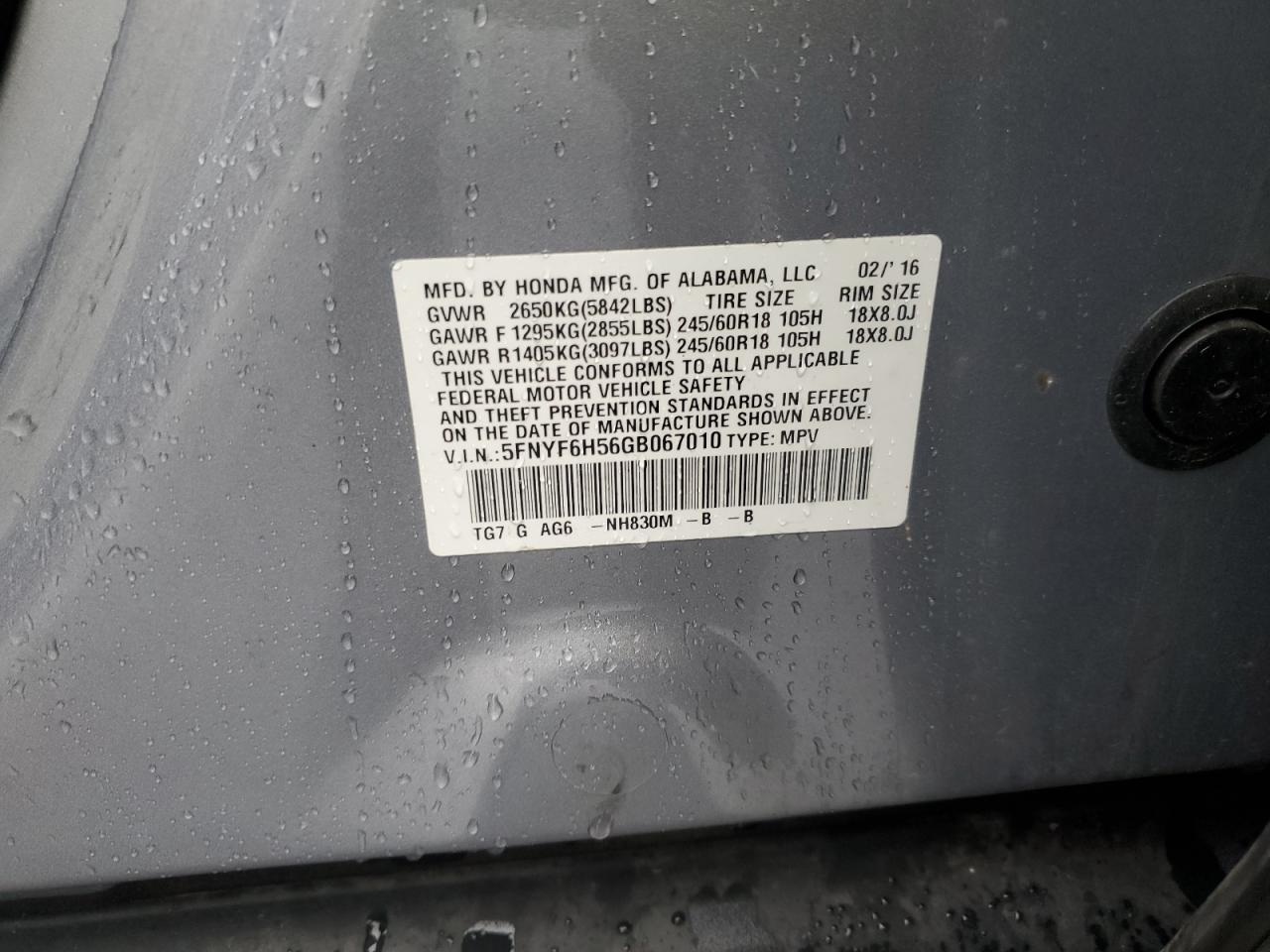 2016 Honda Pilot Exl VIN: 5FNYF6H56GB067010 Lot: 57116115