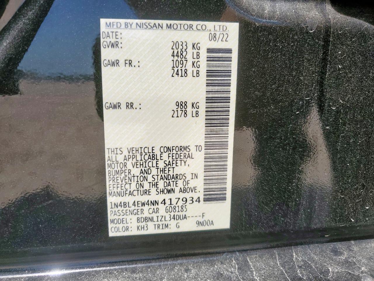 2022 Nissan Altima Sl VIN: 1N4BL4EW4NN417934 Lot: 57232055
