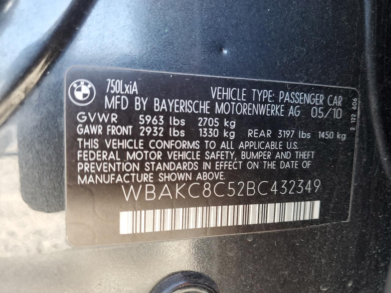 2011 BMW 750 Lxi VIN: WBAKC8C52BC432349 Lot: 56072525
