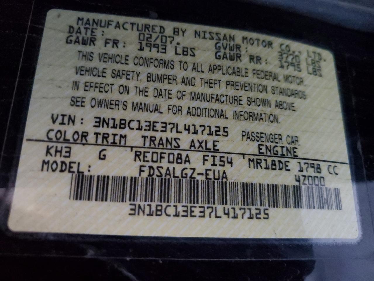 2007 Nissan Versa S VIN: 3N1BC13E37L417125 Lot: 57256915