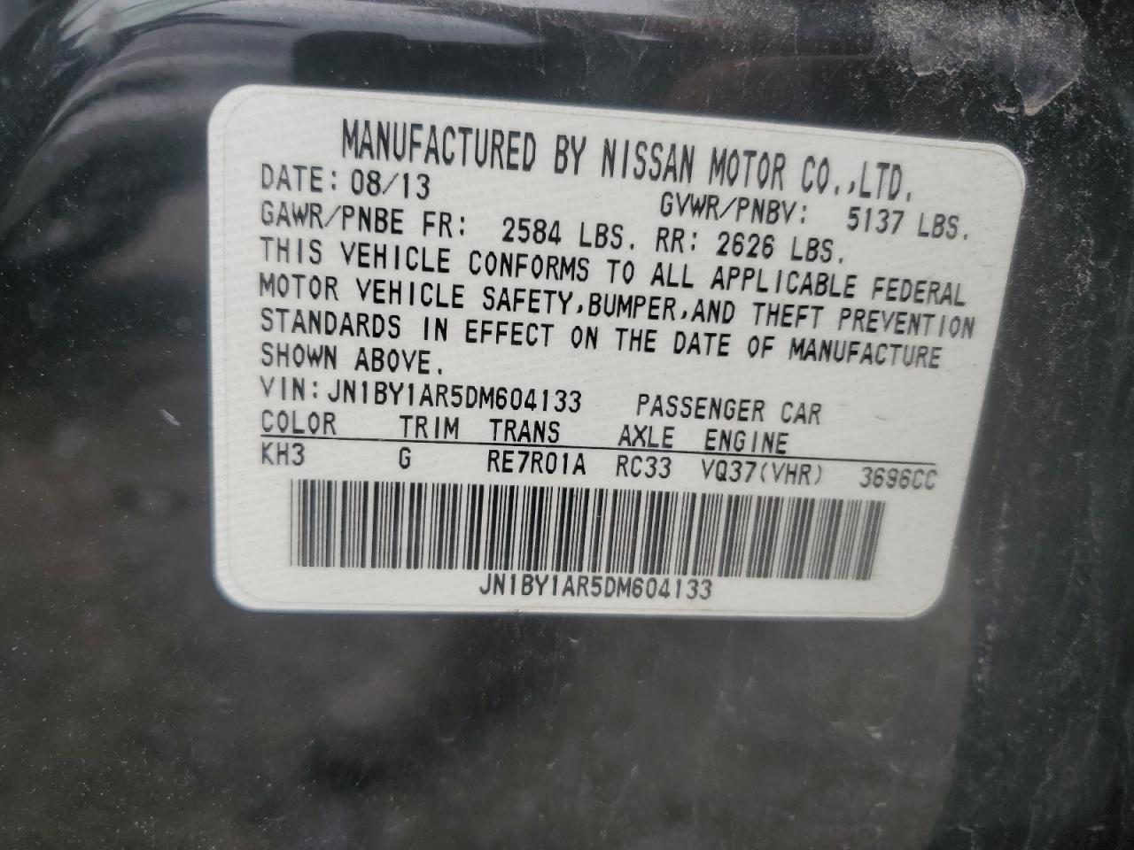 2013 Infiniti M37 X VIN: JN1BY1AR5DM604133 Lot: 56890095