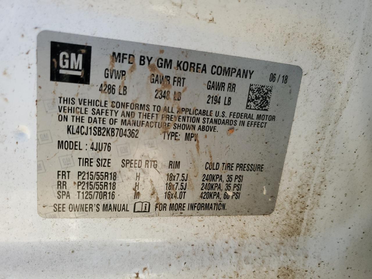 2019 Buick Encore Sport Touring VIN: KL4CJ1SB2KB704362 Lot: 57406565