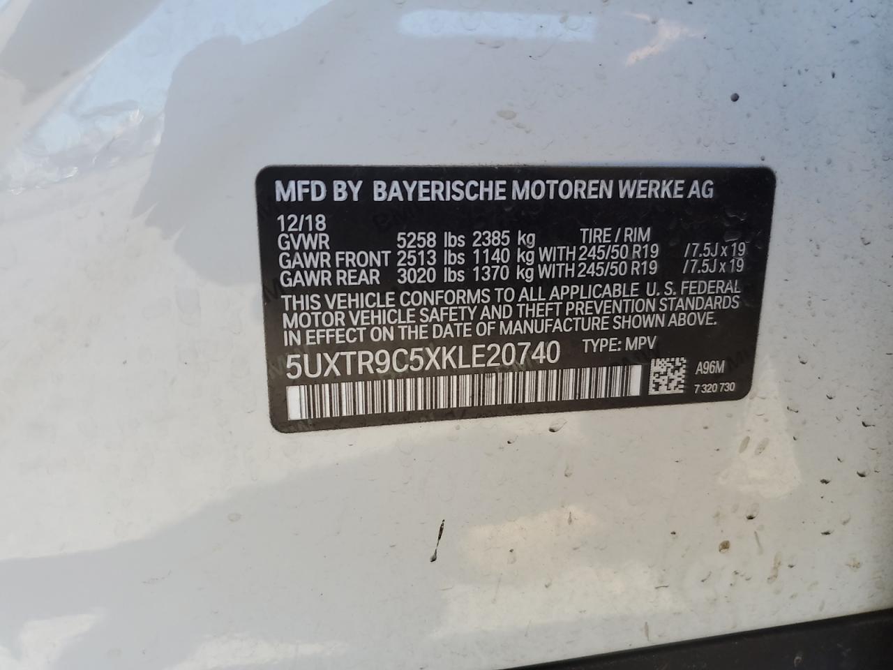 2019 BMW X3 xDrive30I VIN: 5UXTR9C5XKLE20740 Lot: 59030555