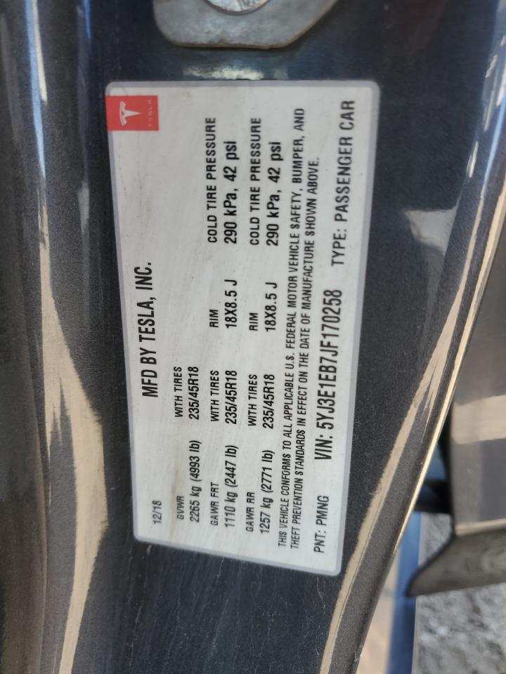 2018 Tesla Model 3 VIN: 5YJ3E1EB7JF170258 Lot: 57484735