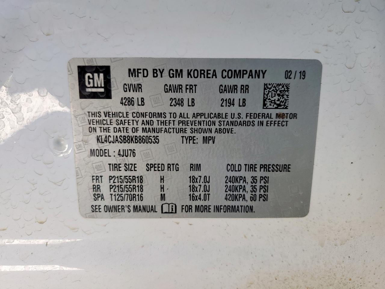 2019 Buick Encore Preferred VIN: KL4CJASB8KB860535 Lot: 57807655
