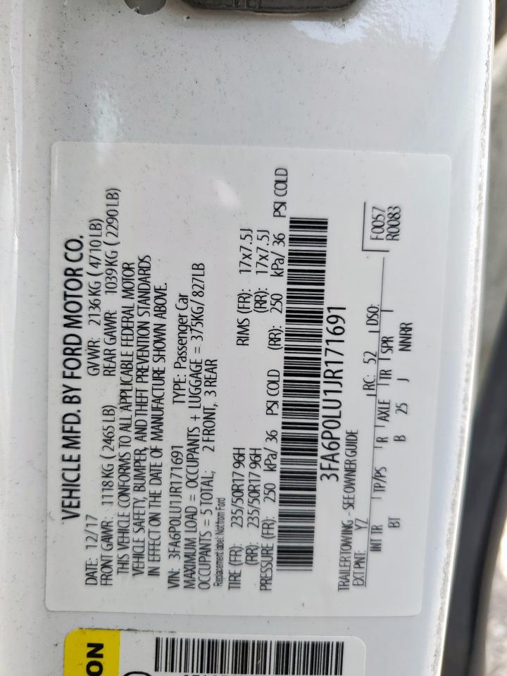 2018 Ford Fusion Se Hybrid VIN: 3FA6P0LU1JR171691 Lot: 54035255