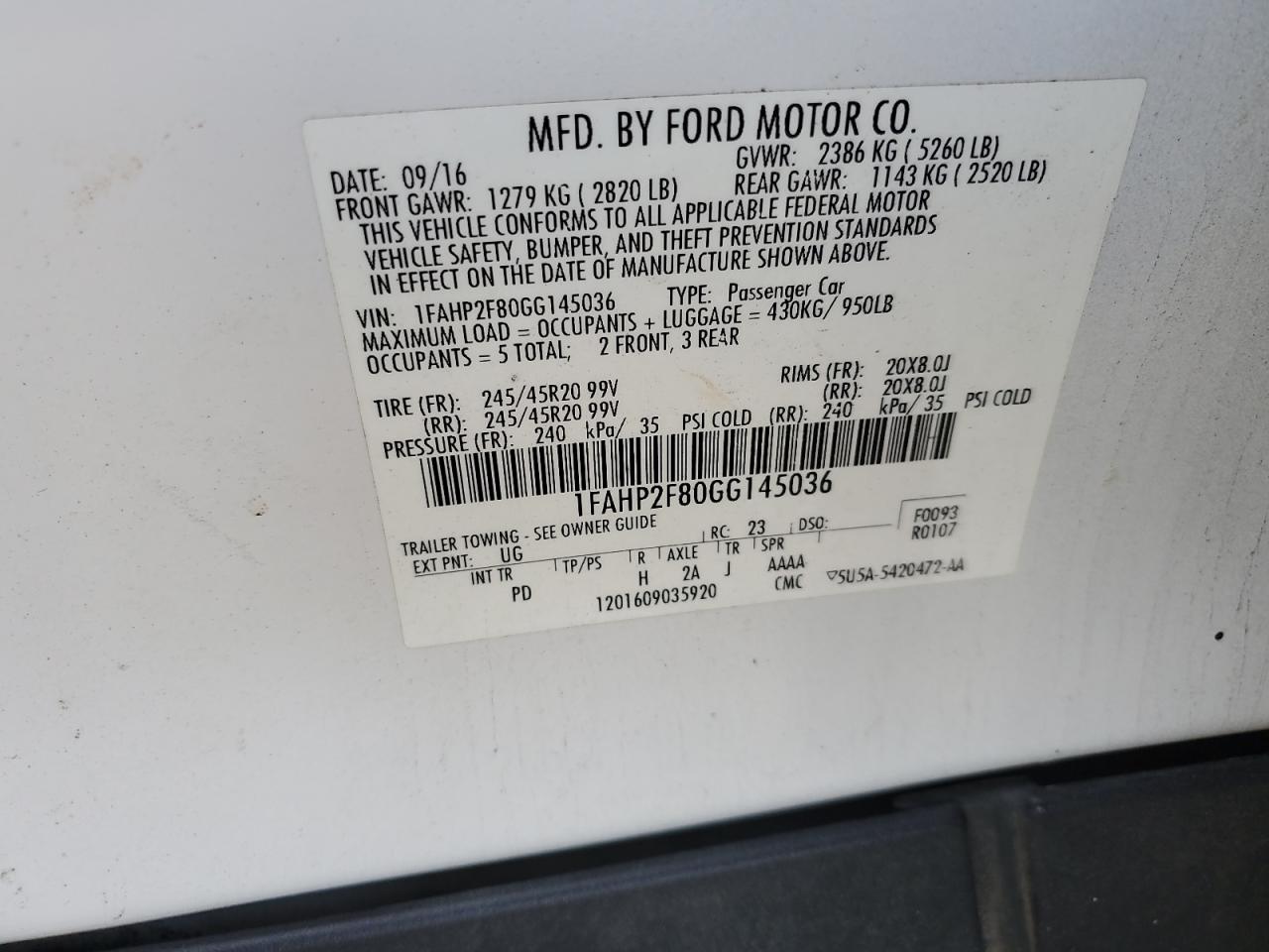 2016 Ford Taurus Limited VIN: 1FAHP2F80GG145036 Lot: 59088365