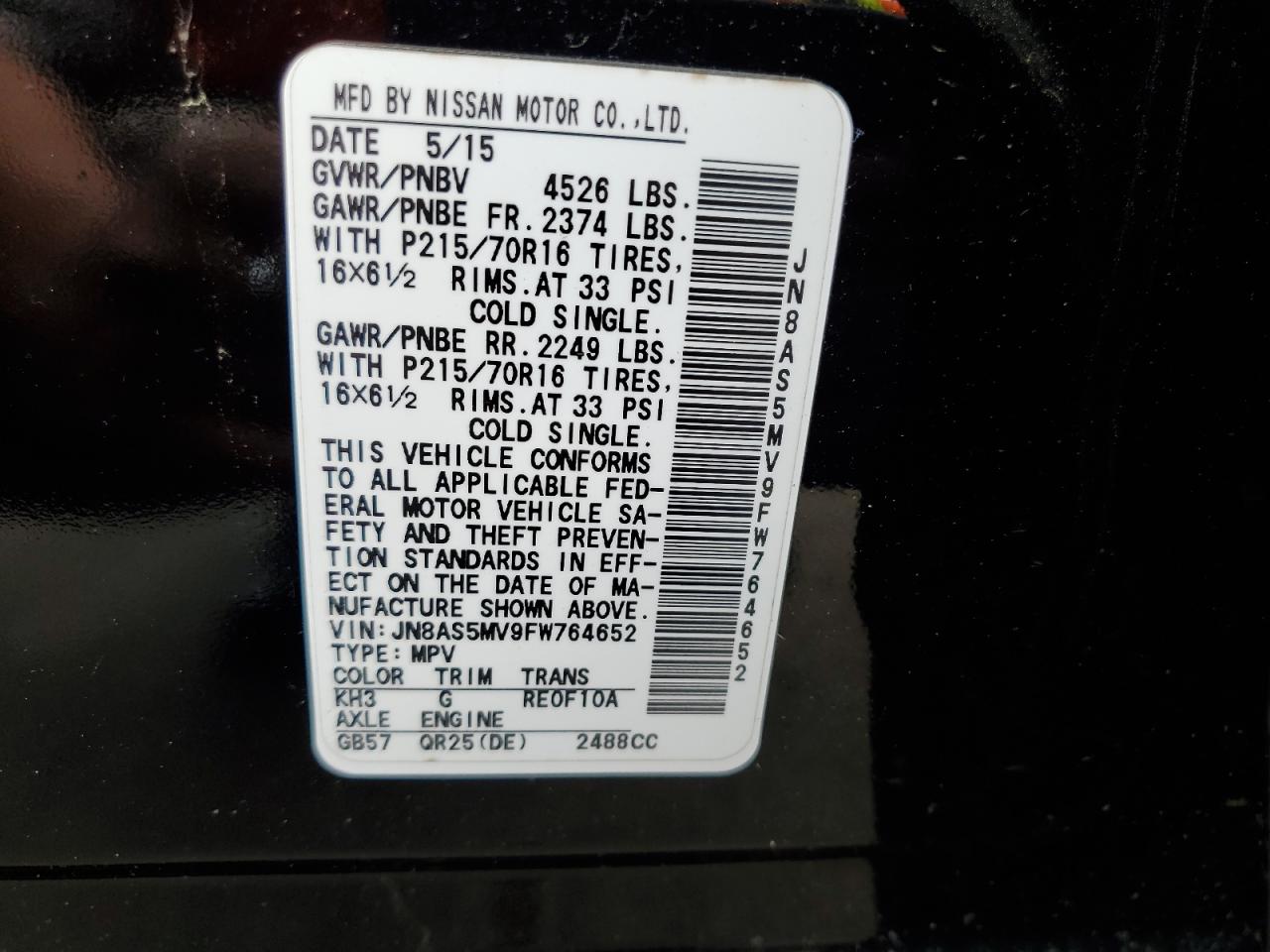 2015 Nissan Rogue Select S VIN: JN8AS5MV9FW764652 Lot: 56735095