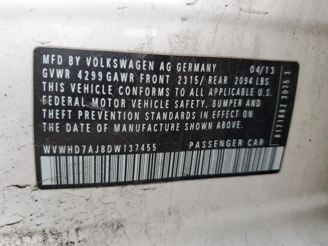 2013 Volkswagen Gti VIN: WVWHD7AJ8DW137455 Lot: 56845965