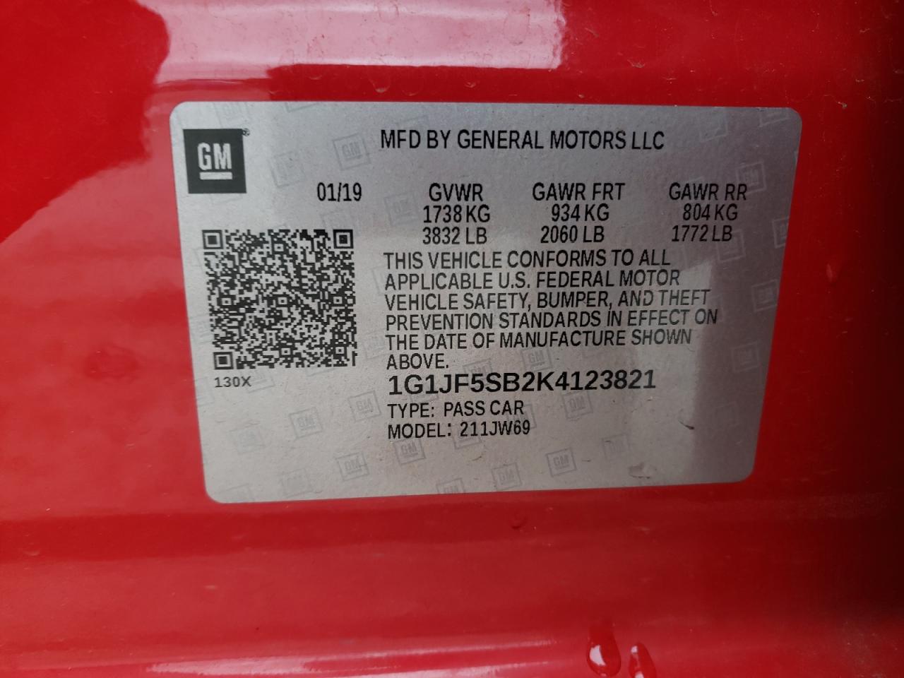 2019 Chevrolet Sonic Premier VIN: 1G1JF5SB2K4123821 Lot: 55764265