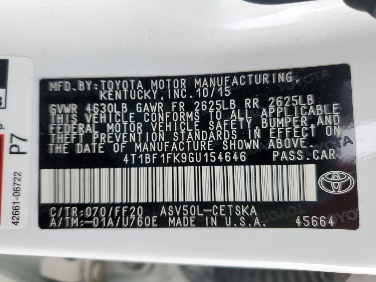 4T1BF1FK9GU154646 TOYOTA CAMRY 2016
