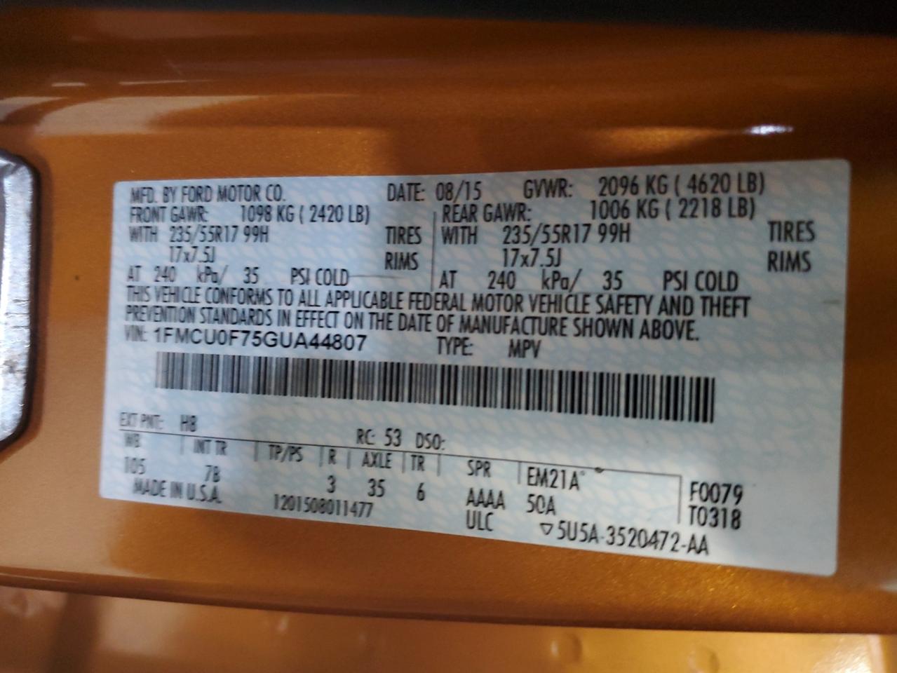 1FMCU0F75GUA44807 FORD ESCAPE 2016