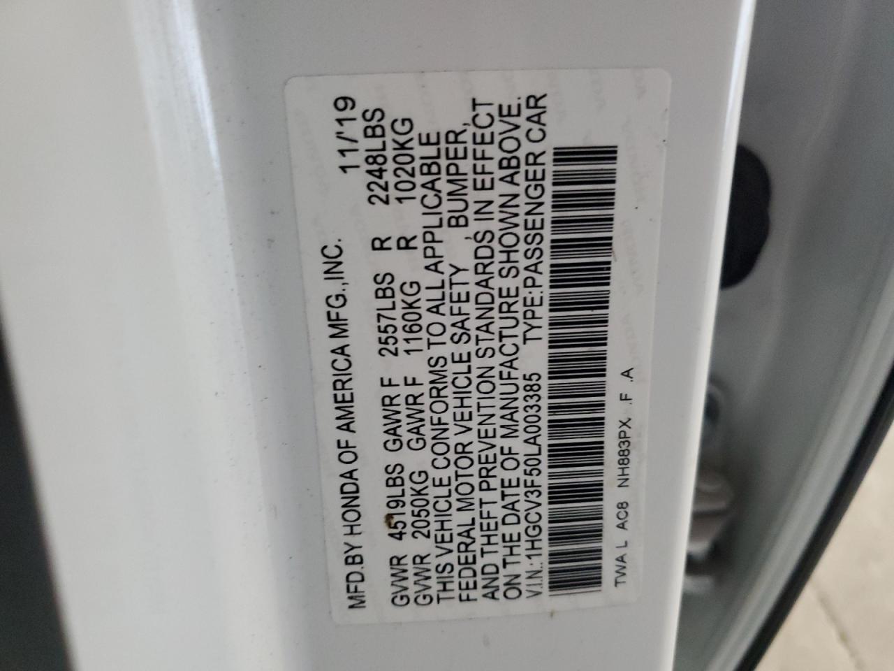 1HGCV3F50LA003385 HONDA ACCORD 2020