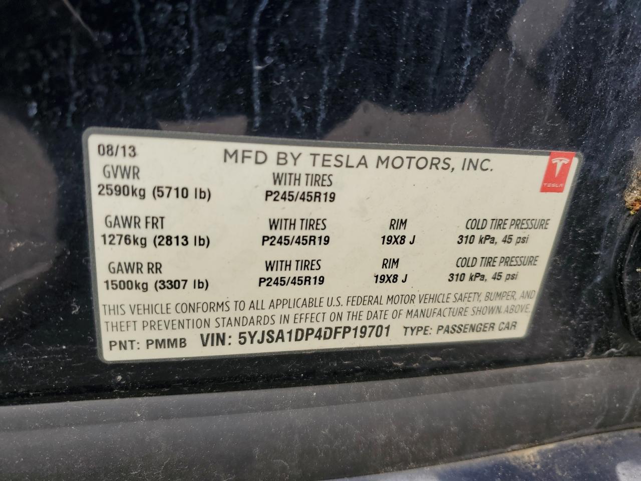 2013 Tesla Model S VIN: 5YJSA1DP4DFP19701 Lot: 56512535