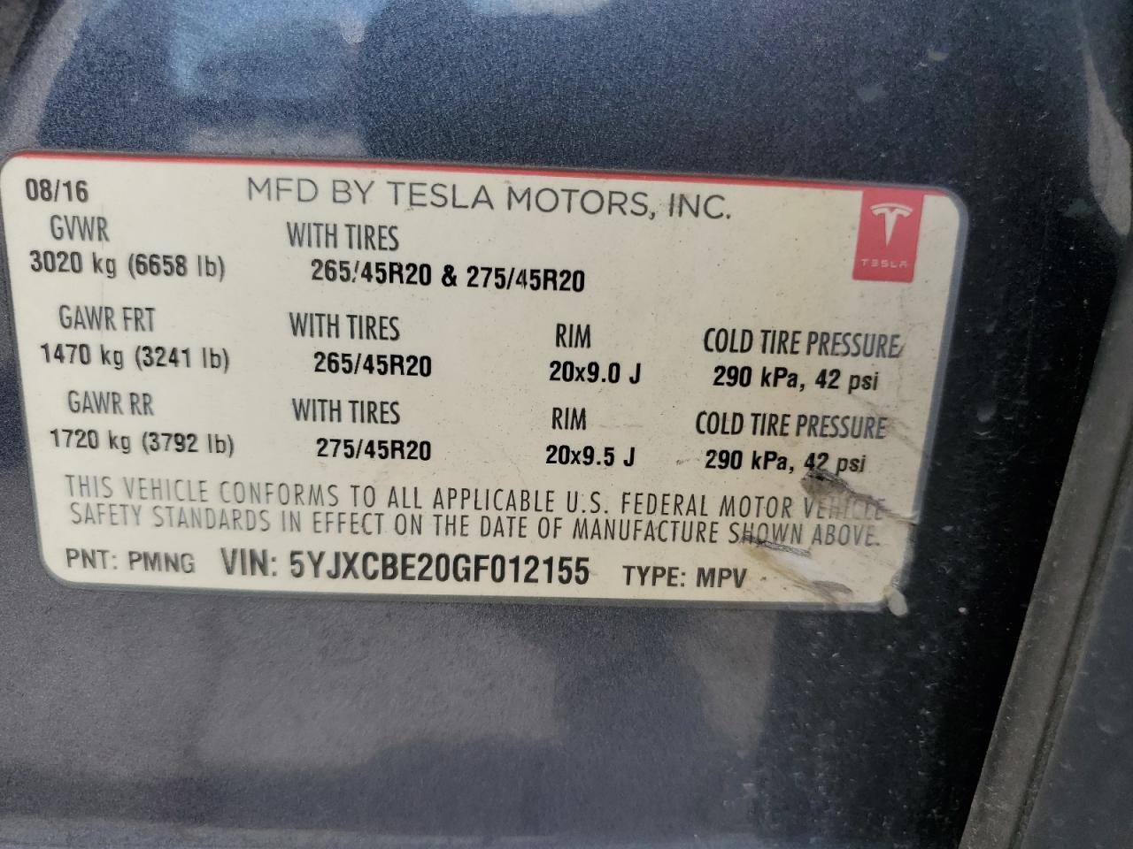 2016 Tesla Model X VIN: 5YJXCBE20GF012155 Lot: 57906175