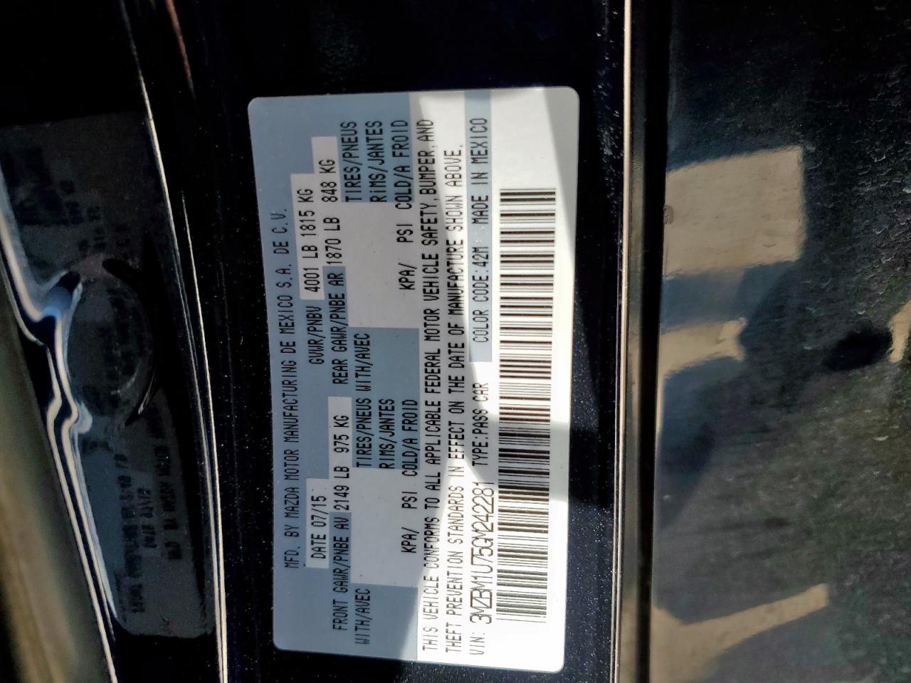 2016 Mazda 3 Sport VIN: 3MZBM1U75GM242281 Lot: 57139135