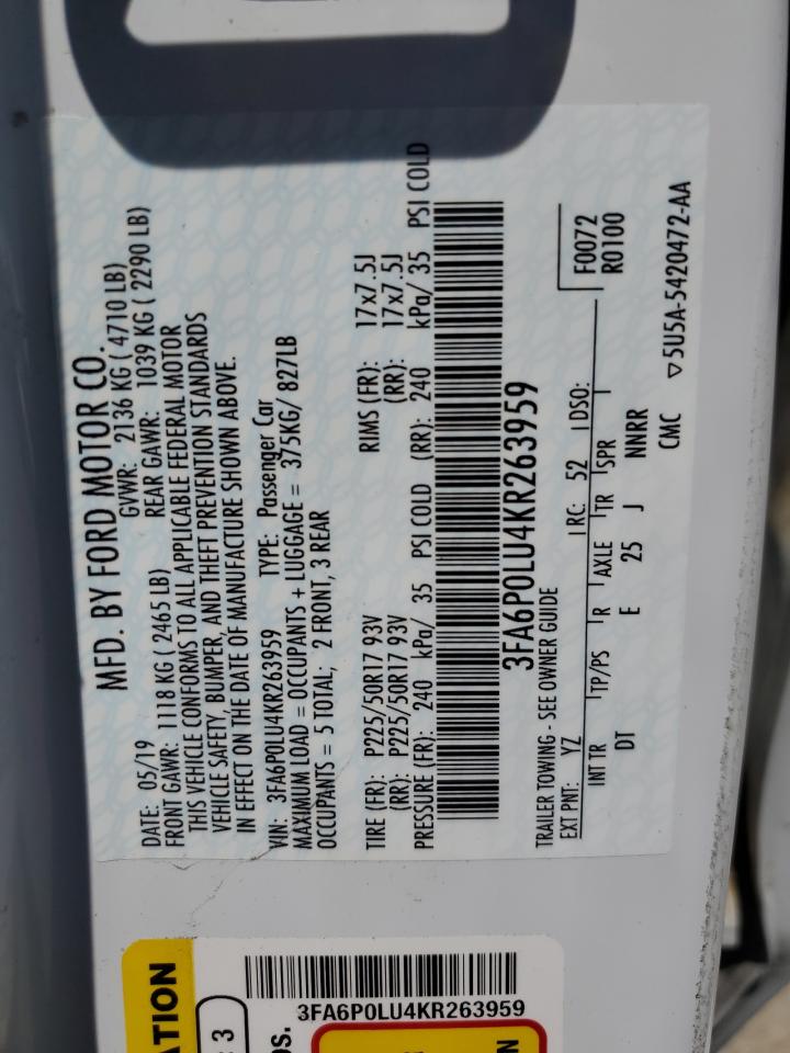 2019 Ford Fusion Se VIN: 3FA6P0LU4KR263959 Lot: 54028045