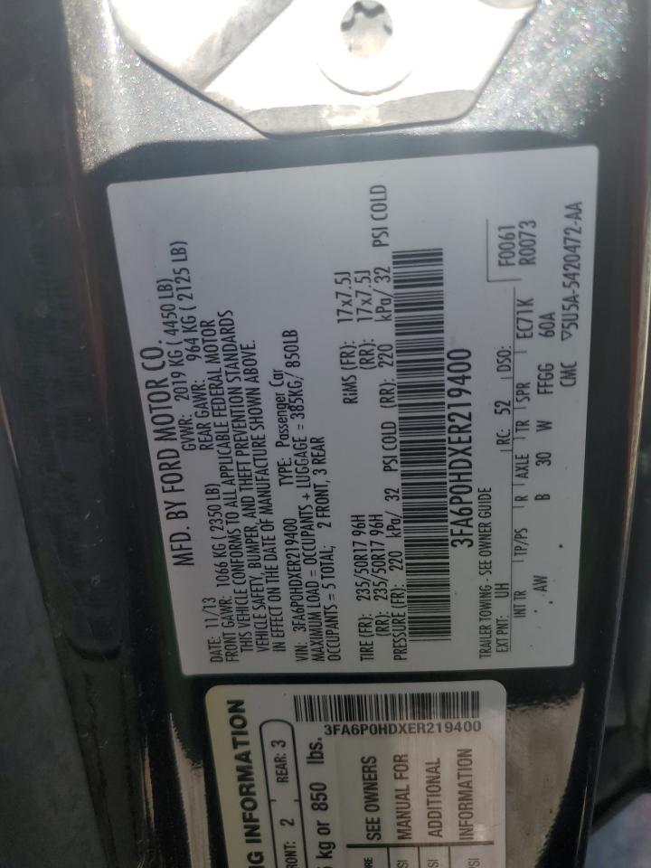 2014 Ford Fusion Se VIN: 3FA6P0HDXER219400 Lot: 56931035
