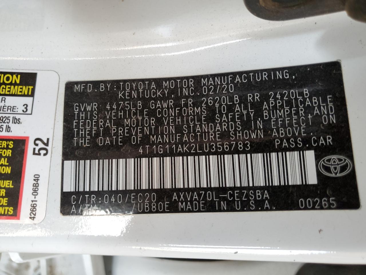 4T1G11AK2LU356783 TOYOTA CAMRY 2020
