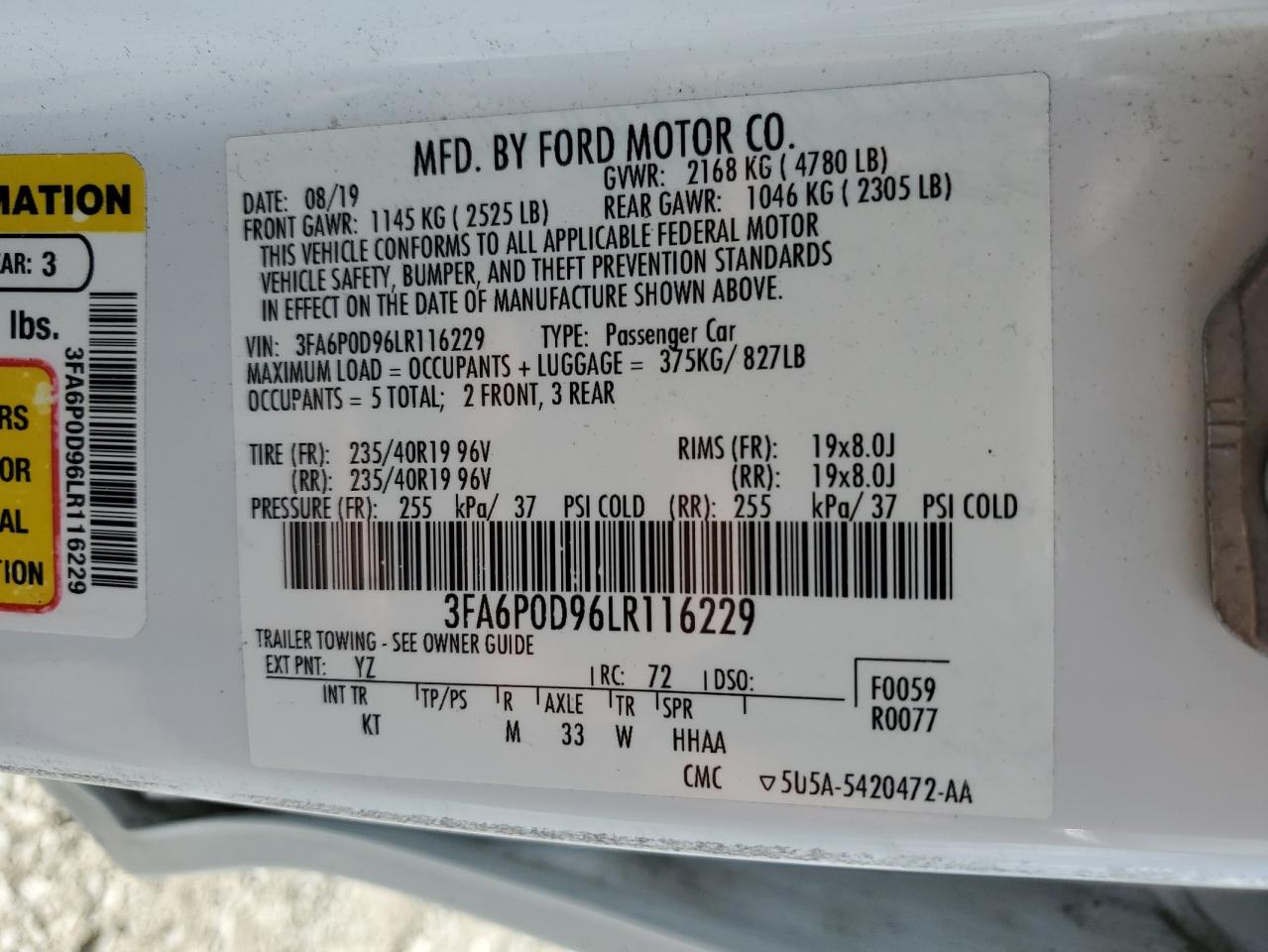 2020 Ford Fusion Titanium VIN: 3FA6P0D96LR116229 Lot: 57633675