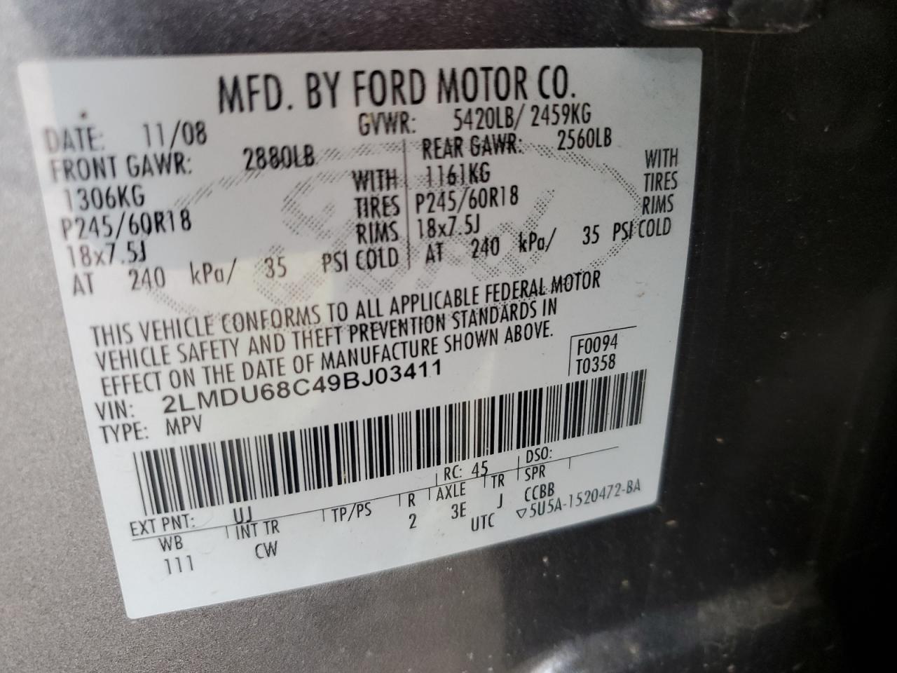2009 Lincoln Mkx VIN: 2LMDU68C49BJ03411 Lot: 56854875