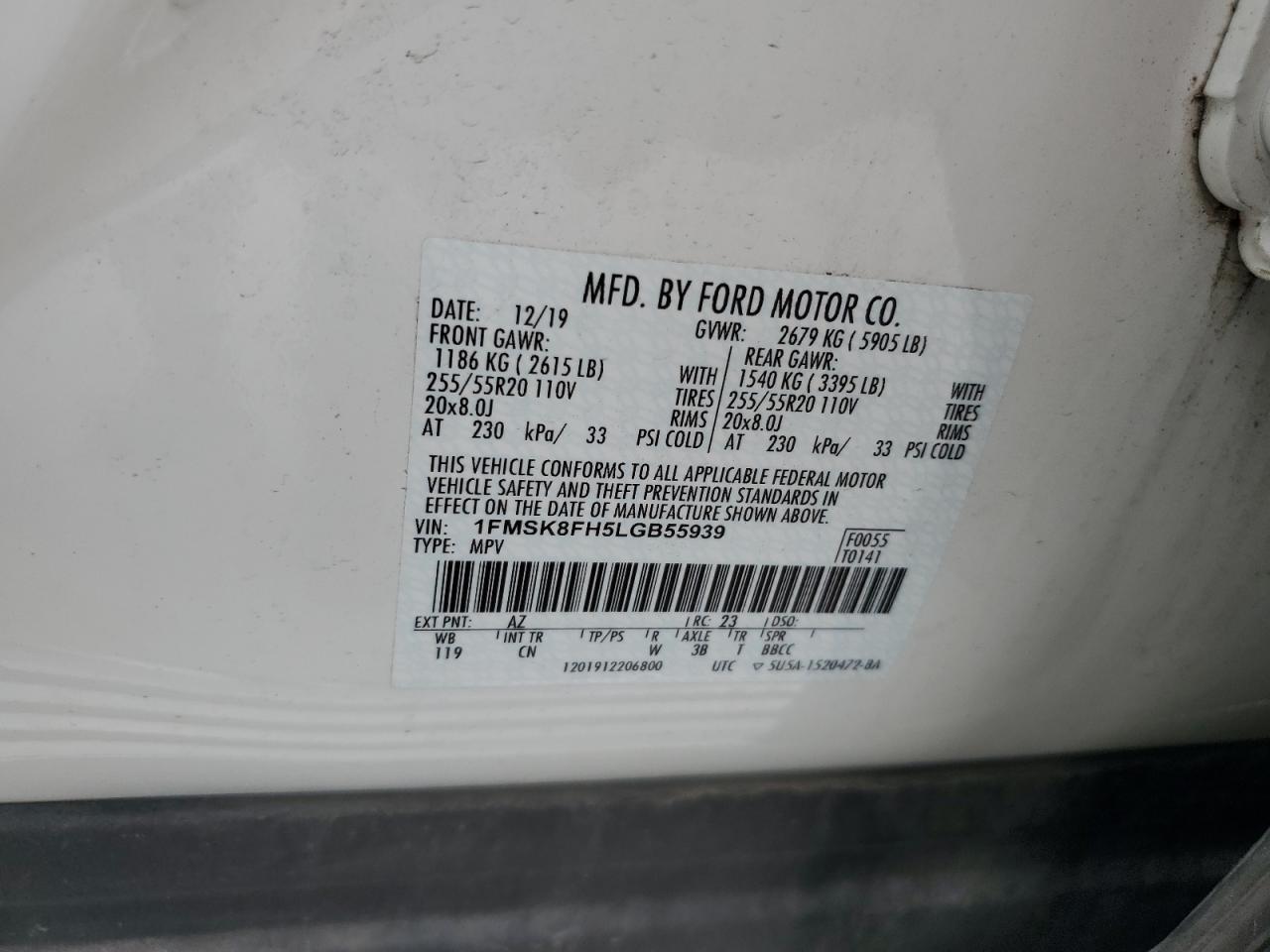 1FMSK8FH5LGB55939 FORD EXPLORER 2020
