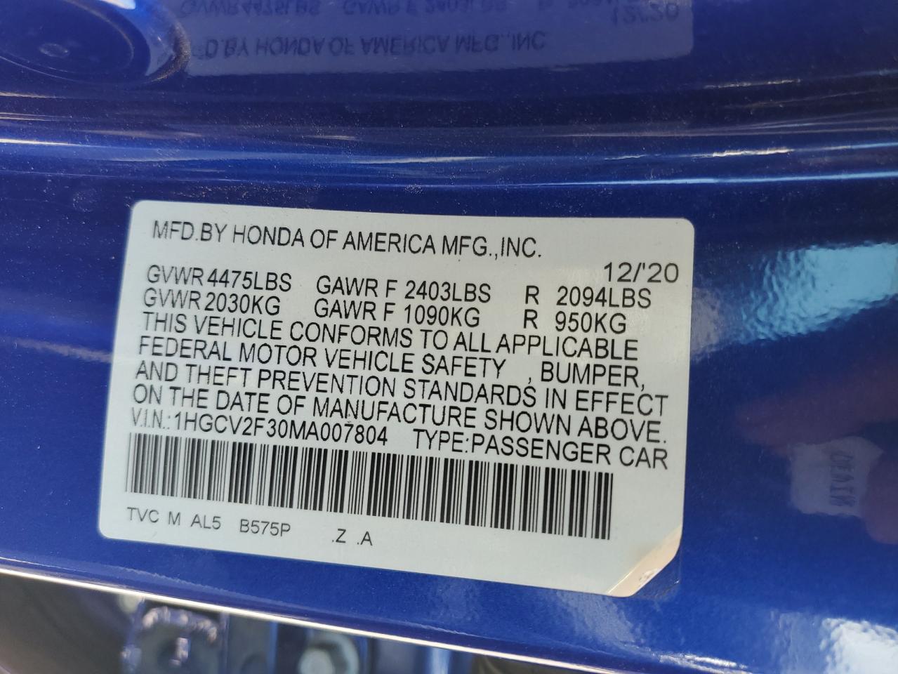 2021 Honda Accord Sport VIN: 1HGCV2F30MA007804 Lot: 56879805
