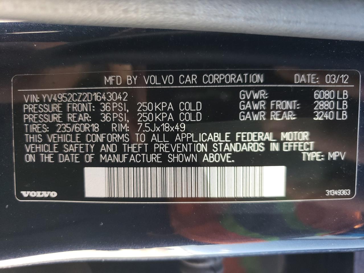 2013 Volvo Xc90 3.2 VIN: YV4952CZ2D1643042 Lot: 56314455