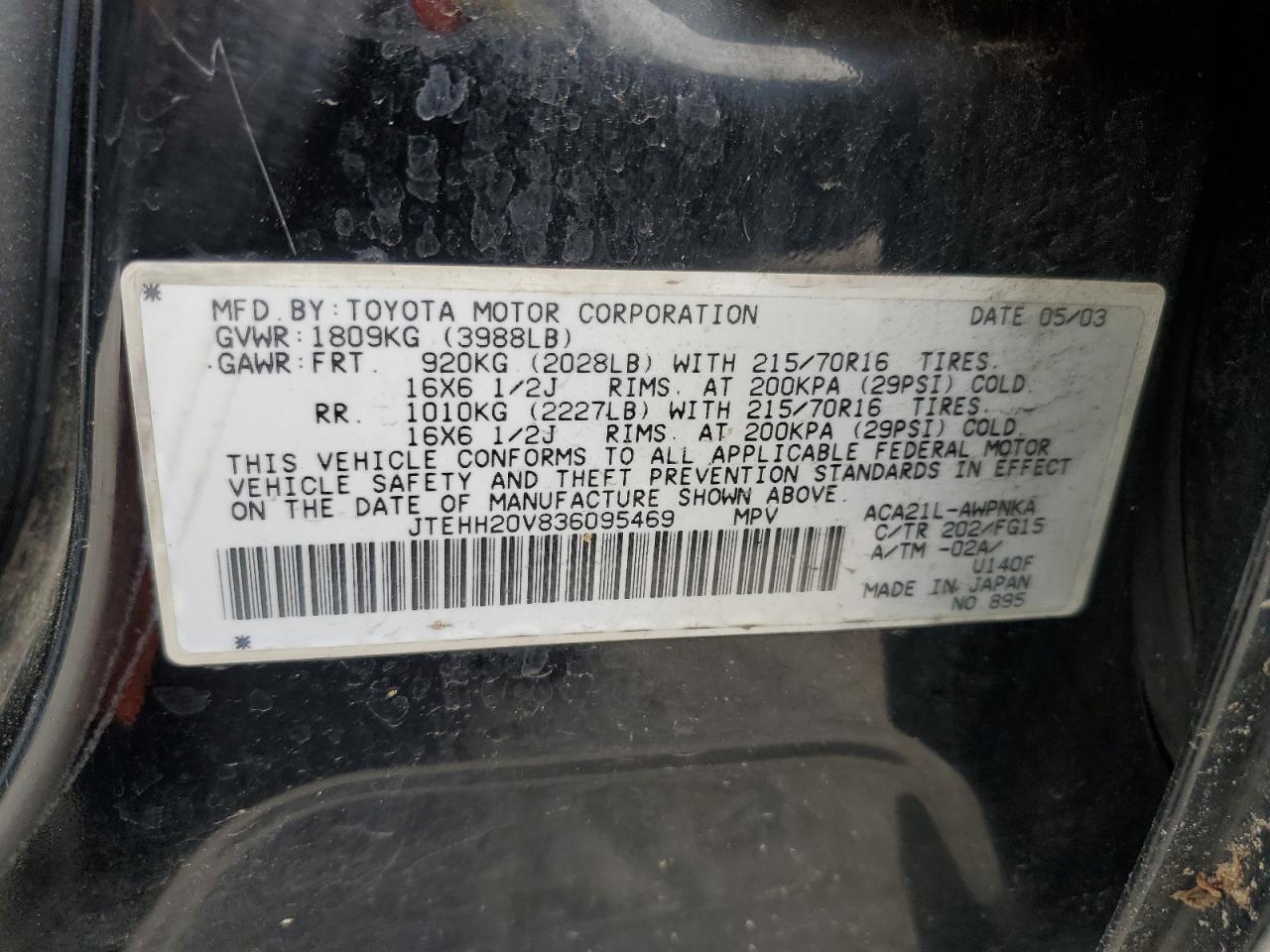 2003 Toyota Rav4 VIN: JTEHH20V836095469 Lot: 56907165