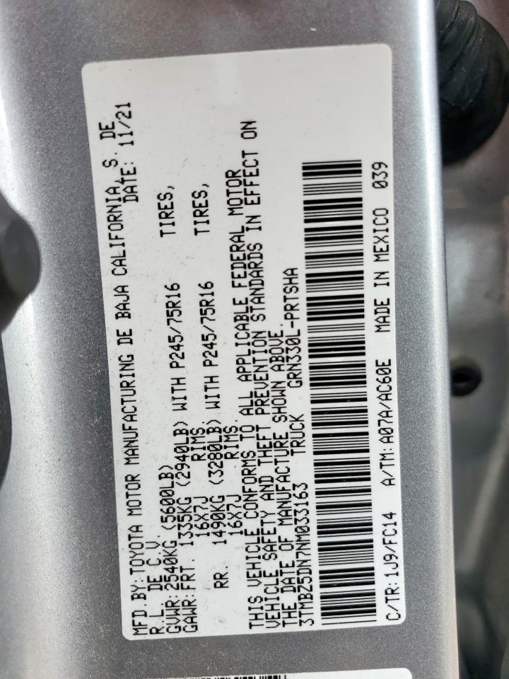 2022 Toyota Tacoma Double Cab VIN: 3TMBZ5DN7NM033163 Lot: 56769525
