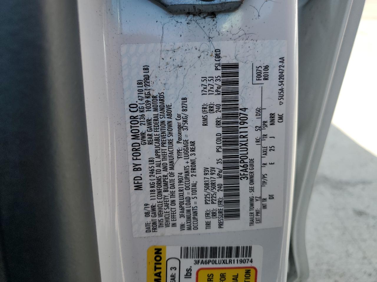 2020 Ford Fusion Se VIN: 3FA6P0LUXLR119074 Lot: 54037515