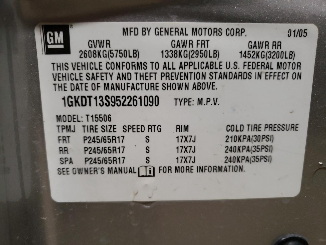 2005 GMC Envoy VIN: 1GKDT13S952261090 Lot: 55801635