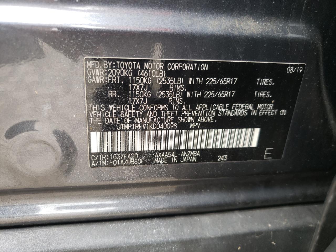 JTMP1RFV1KD040098 TOYOTA RAV4 2019