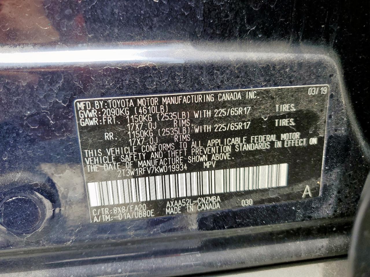 2T3W1RFV7KW019934 TOYOTA RAV4 2019