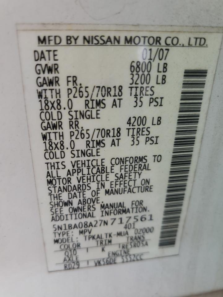 2007 Nissan Armada Se VIN: 5N1BA08A27N717561 Lot: 59089785